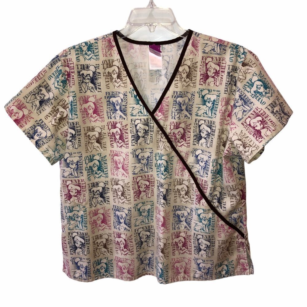 The Wonderful World of Disney Womens Large Tinkerbell Print Scrub Top Shirt Sz L